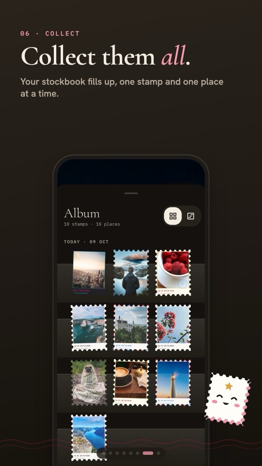 The album showing stamps grouped by day